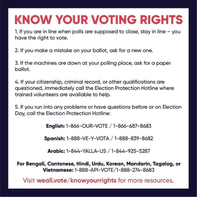 Repost from @whenweallvote
•
Voting is a right protected by the Constitution. ⁣
⁣
Know your rights and know we are here to help. Click the link in our bio or watch our highlights for resources 🗳

#wearethevote #whenweallvote #knowyourrights #electionday